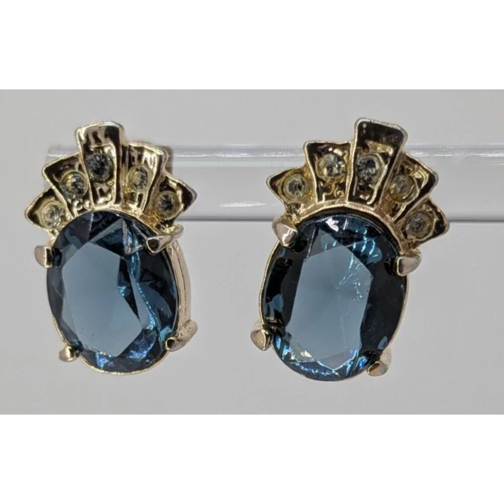 Vintage Blue Glass Stud Earrings Clear Rhinestone Crown Gold Tone Pierced 15mm